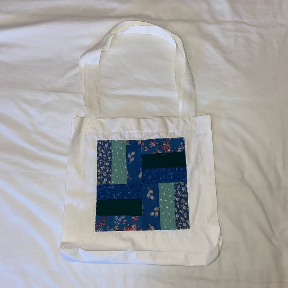 HANDMADE Tote Bag with a Blue and Green Quilted Patch